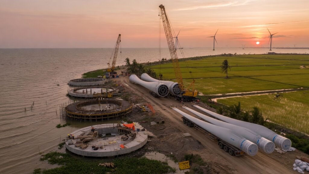 điện gió Vĩnh Long 2026, công trường tua-bin gió ven biển Đồng bằng sông Cửu Long